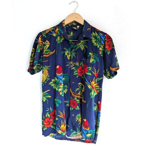 Hawaiian Shirt Tropical Floral Nature Inspired Flowy Vacation Blouse with Birds - Picture 1 of 9
